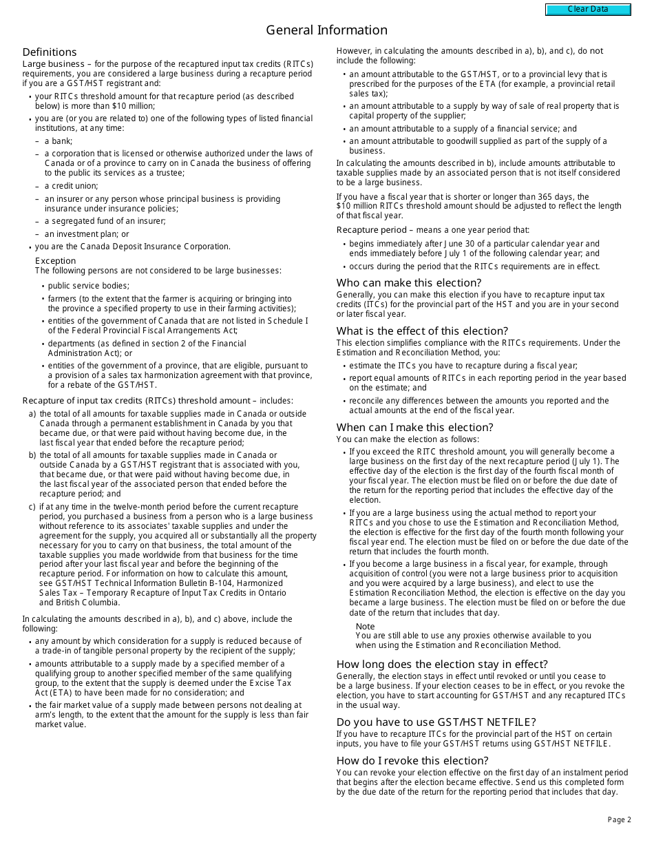 Form RC4531 Election or Revocation of an Election to Use the Estimation and Reconciliation Method to Report the Recapture of Input Tax Credits - Canada, Page 2