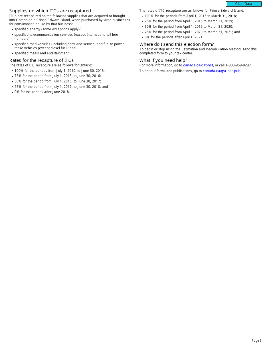 Form RC4531 Election or Revocation of an Election to Use the Estimation and Reconciliation Method to Report the Recapture of Input Tax Credits - Canada, Page 3