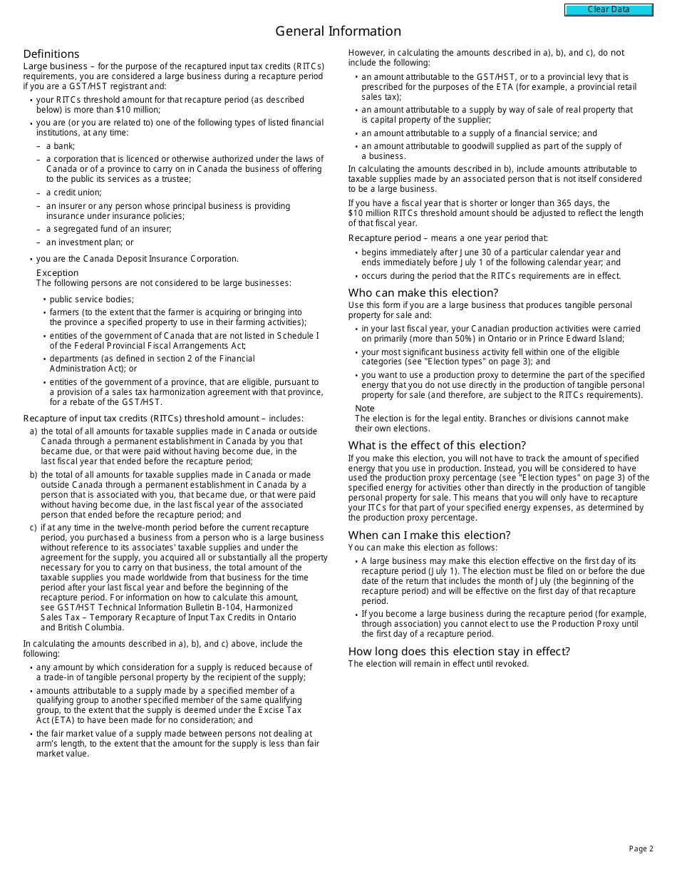 Form RC4530 Election or Revocation of an Election to Use a Production Proxy to Report the Recapture of Input Tax Credits - Canada, Page 2