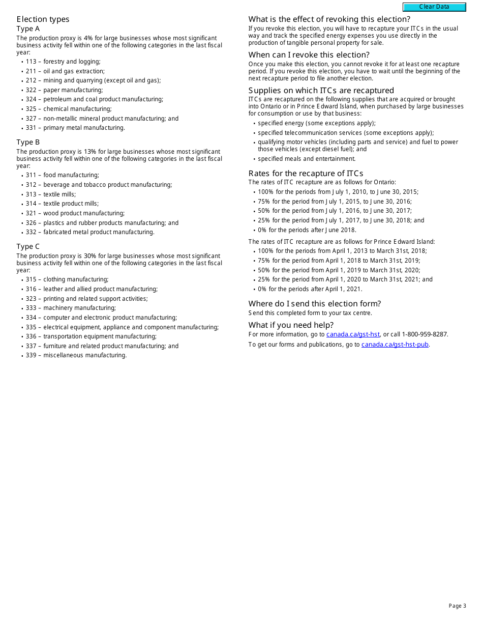 Form RC4530 Election or Revocation of an Election to Use a Production Proxy to Report the Recapture of Input Tax Credits - Canada, Page 3