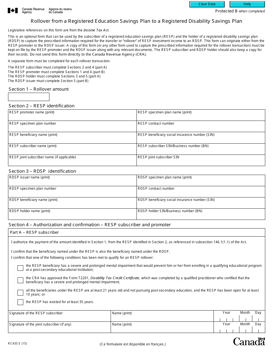 Form RC435 Rollover From a Registered Education Savings Plan to a Registered Disability Savings Plan - Canada, Page 1