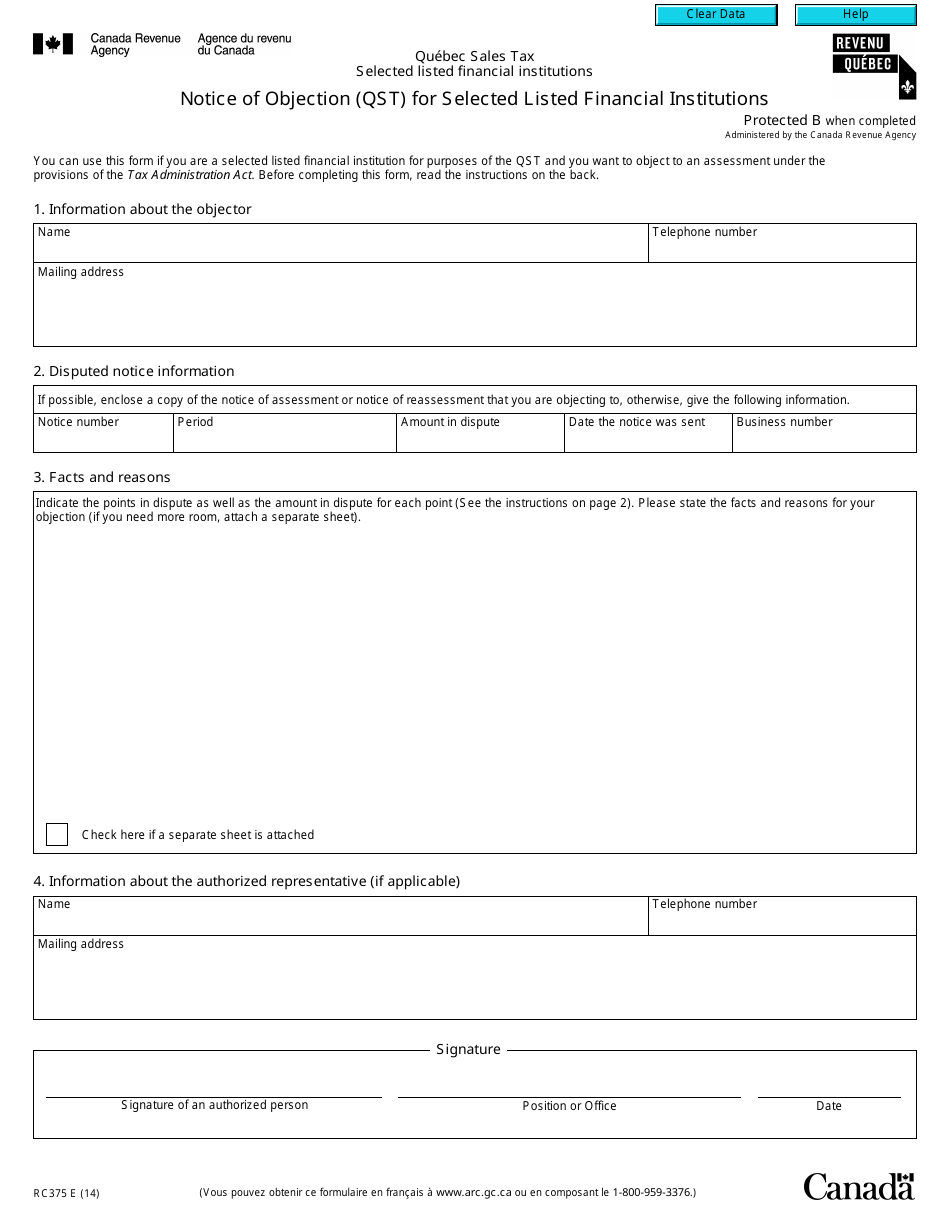 Form RC375 Notice of Objection (Qst) for Selected Listed Financial Institutions - Canada, Page 1