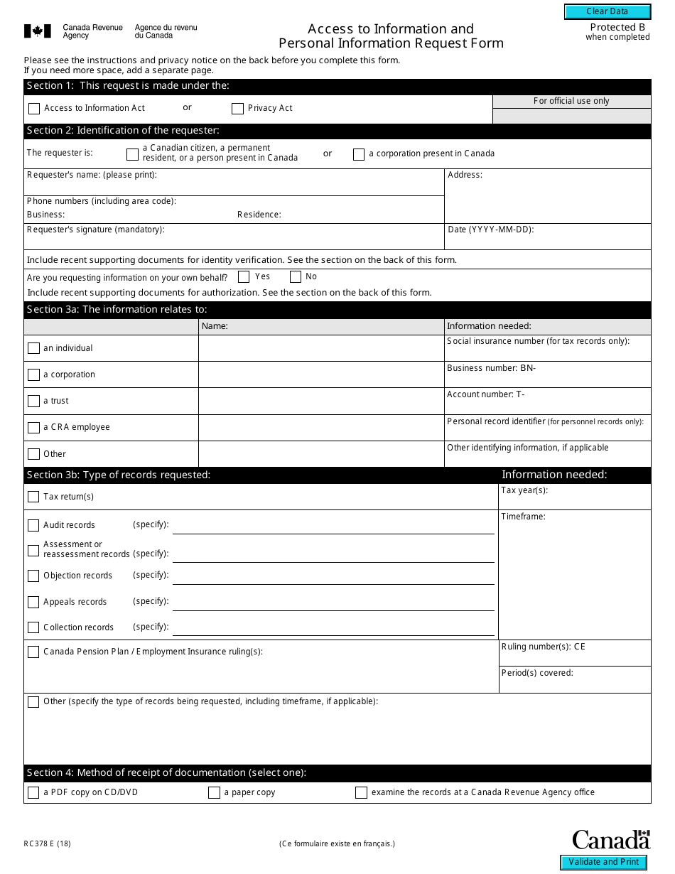 Form RC378 Access to Information and Personal Information Request Form - Canada, Page 1