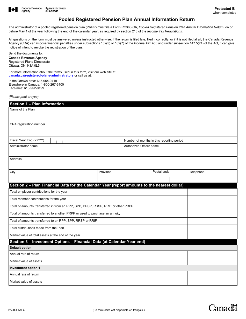 Form RC368-CA Pooled Registered Pension Plan Annual Information Return - Canada, Page 1