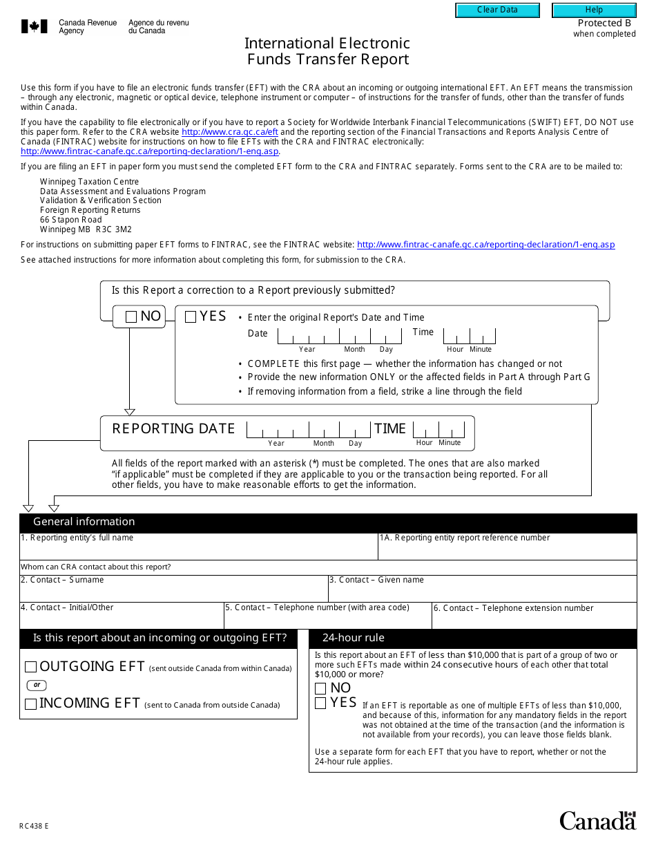 Form RC438 International Electronic Funds Transfer Report - Canada, Page 1