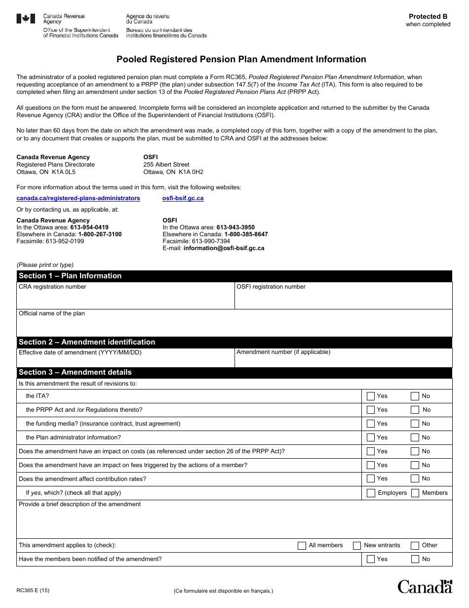 Form RC365 Pooled Registered Pension Plan Amendment Information - Canada, Page 1