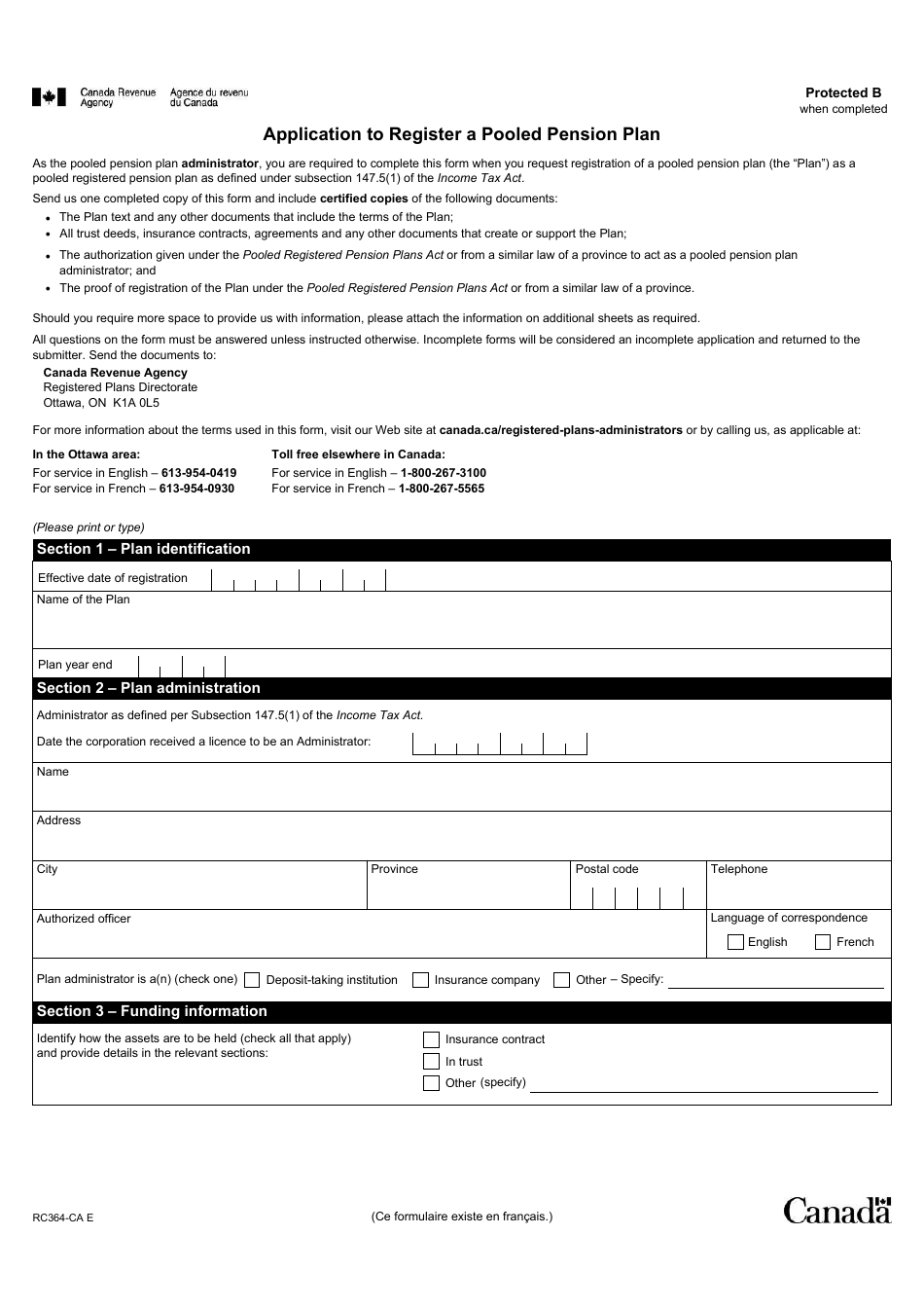 Form RC364-CA Application to Register a Pooled Pension Plan - Canada, Page 1