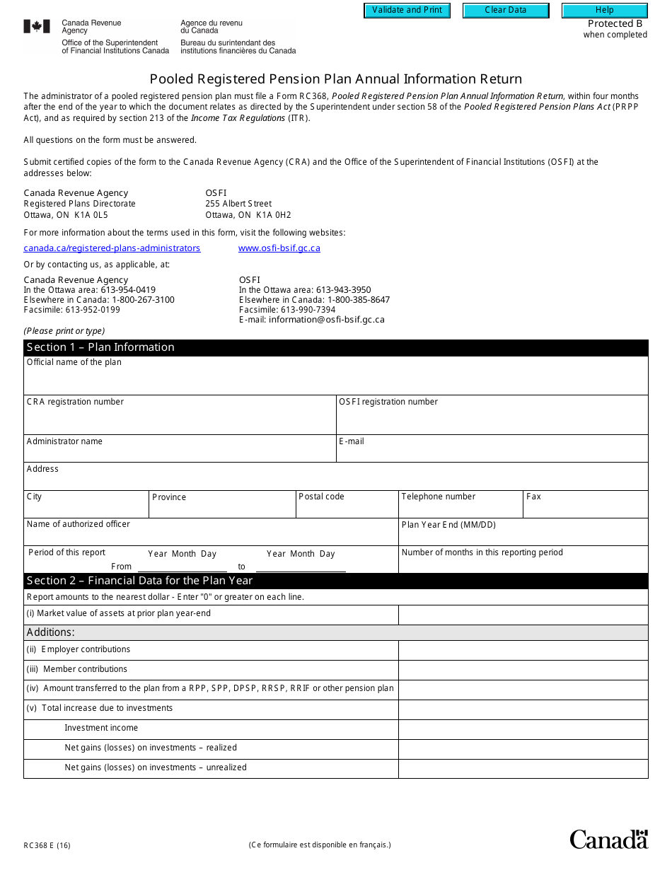 Form RC368 Pooled Registered Pension Plan Annual Information Return - Canada, Page 1