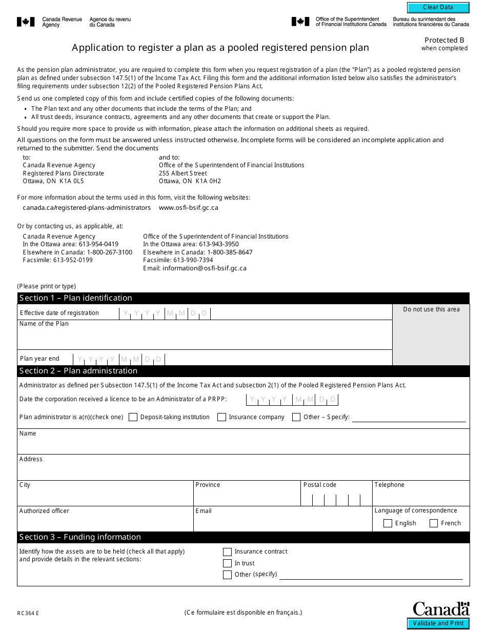 Form RC364 Application to Register a Plan as a Pooled Registered Pension Plan - Canada, Page 1