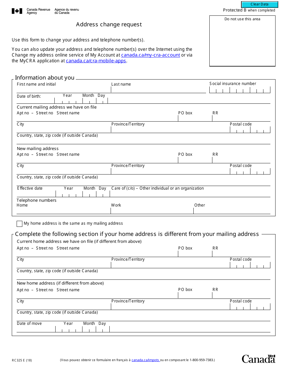 Form RC325 Address Change Request - Canada, Page 1