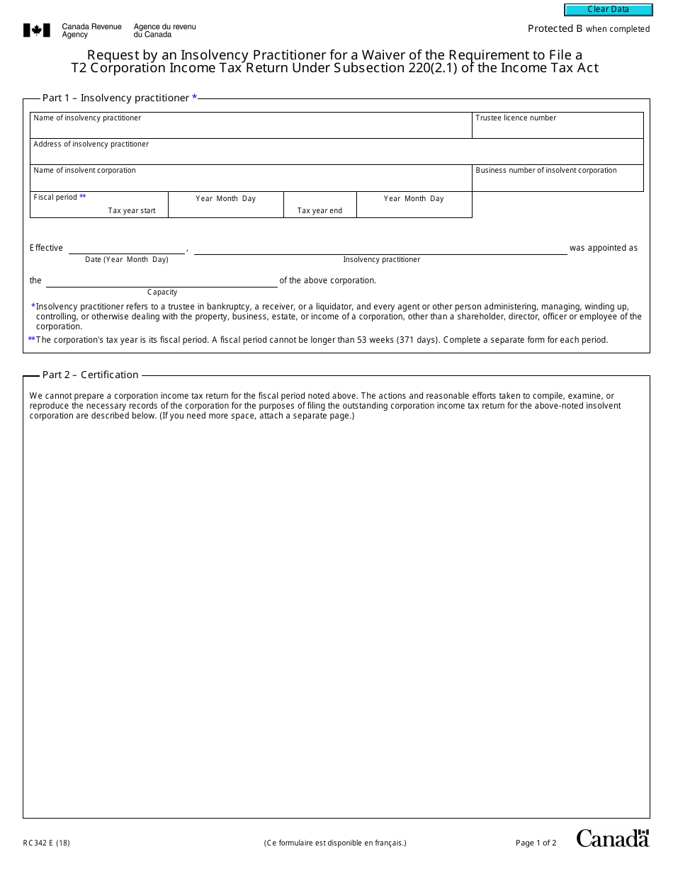 Form RC342 Request by an Insolvency Practitioner for a Waiver of the Requirement to File a T2 Corporation Income Tax Return Under Subsection 220(2.1) of the Income Tax Act - Canada, Page 1