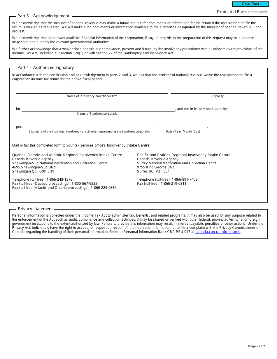 Form RC342 Request by an Insolvency Practitioner for a Waiver of the Requirement to File a T2 Corporation Income Tax Return Under Subsection 220(2.1) of the Income Tax Act - Canada, Page 2