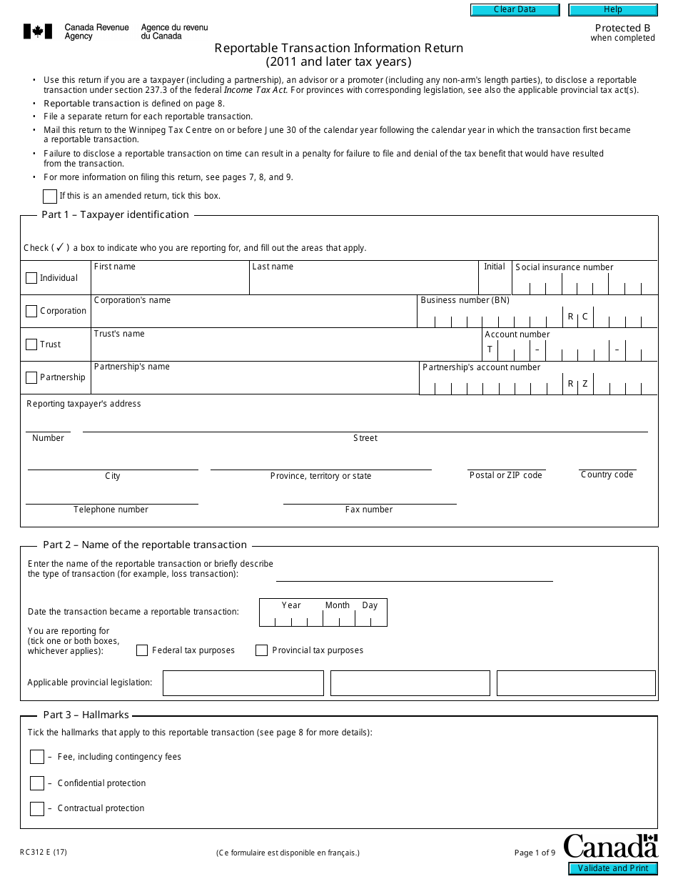 Form RC312 Reportable Transaction Information Return (2011 and Later Tax Years) - Canada, Page 1