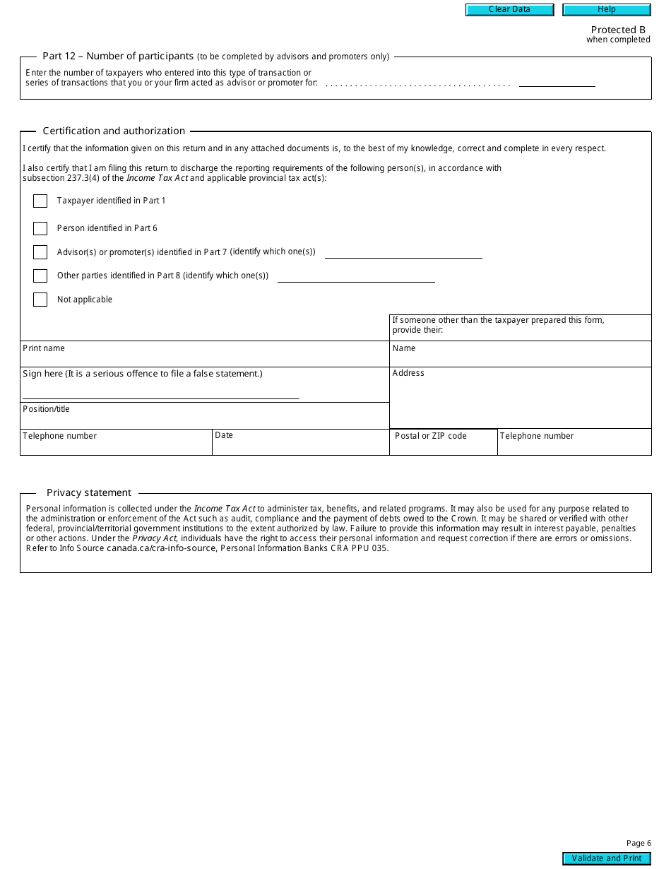 Form RC312 Reportable Transaction Information Return (2011 and Later Tax Years) - Canada, Page 6