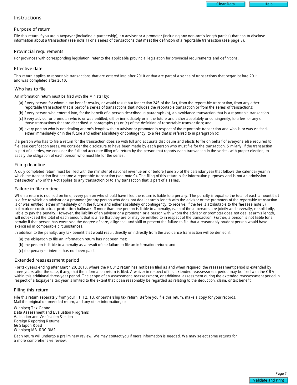Form RC312 Reportable Transaction Information Return (2011 and Later Tax Years) - Canada, Page 7