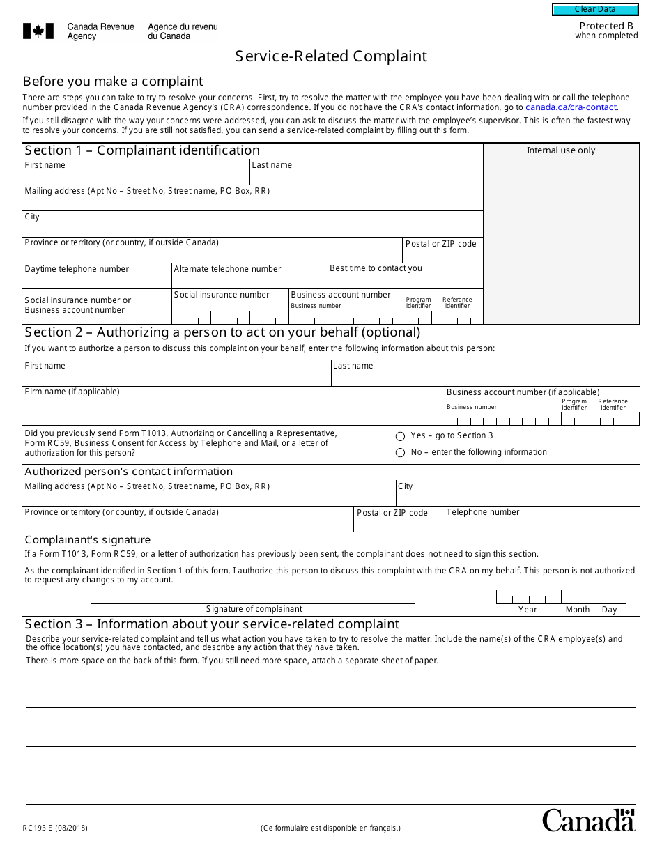 Form RC193 Service-Related Complaint - Canada, Page 1