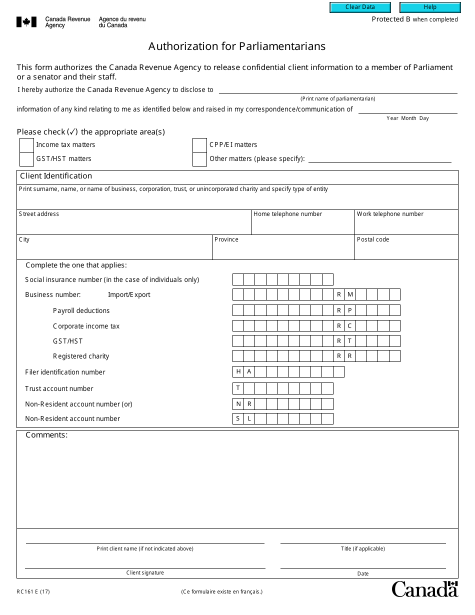 Form RC161 Authorization for Parliamentarians - Canada, Page 1