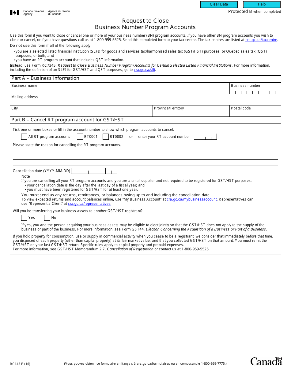 Form RC145 Request to Close Business Number Program Accounts - Canada, Page 1
