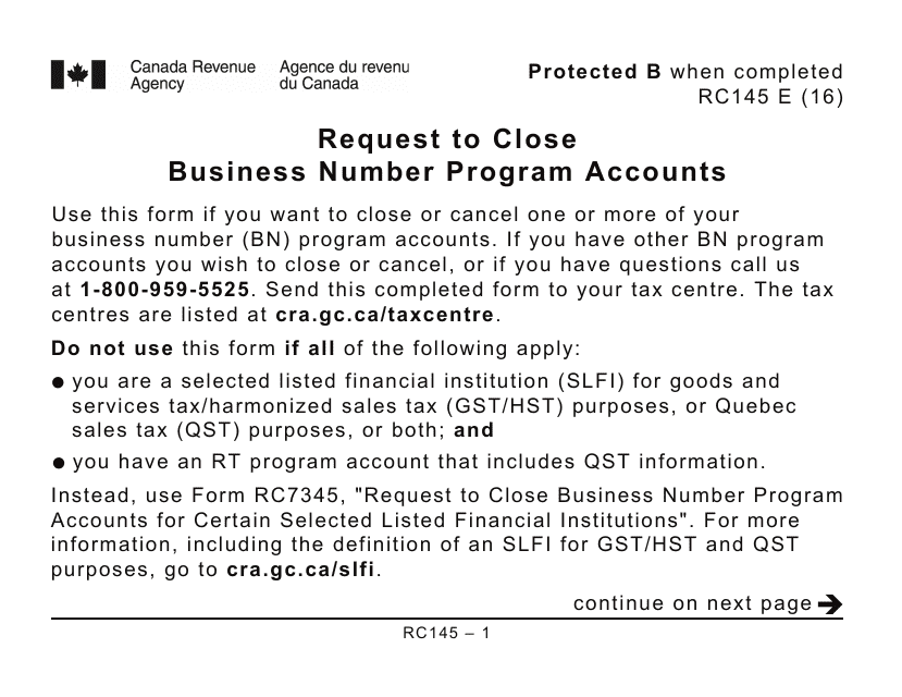 Form RC145 Request to Close Business Number Program Accounts (Large Print) - Canada