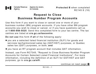 Form RC145 Request to Close Business Number Program Accounts (Large Print) - Canada