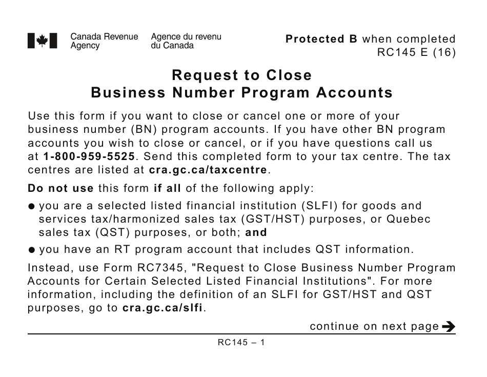 Form RC145 Request to Close Business Number Program Accounts (Large Print) - Canada, Page 1