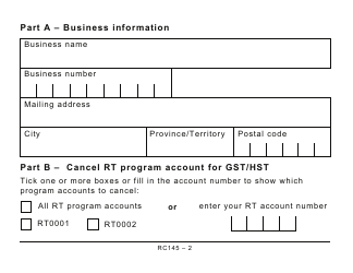 Form RC145 Request to Close Business Number Program Accounts (Large Print) - Canada, Page 2