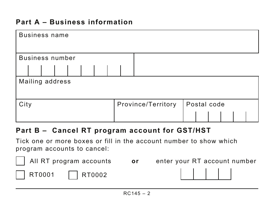 Form RC145 Request to Close Business Number Program Accounts (Large Print) - Canada, Page 2