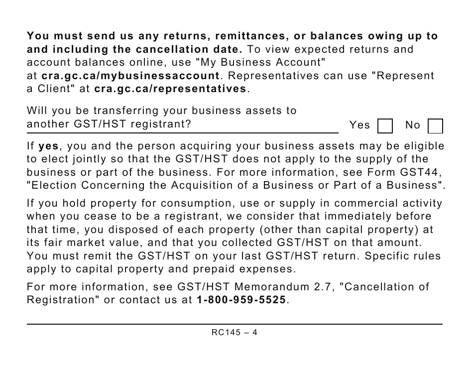 Form RC145 Request to Close Business Number Program Accounts (Large Print) - Canada, Page 4