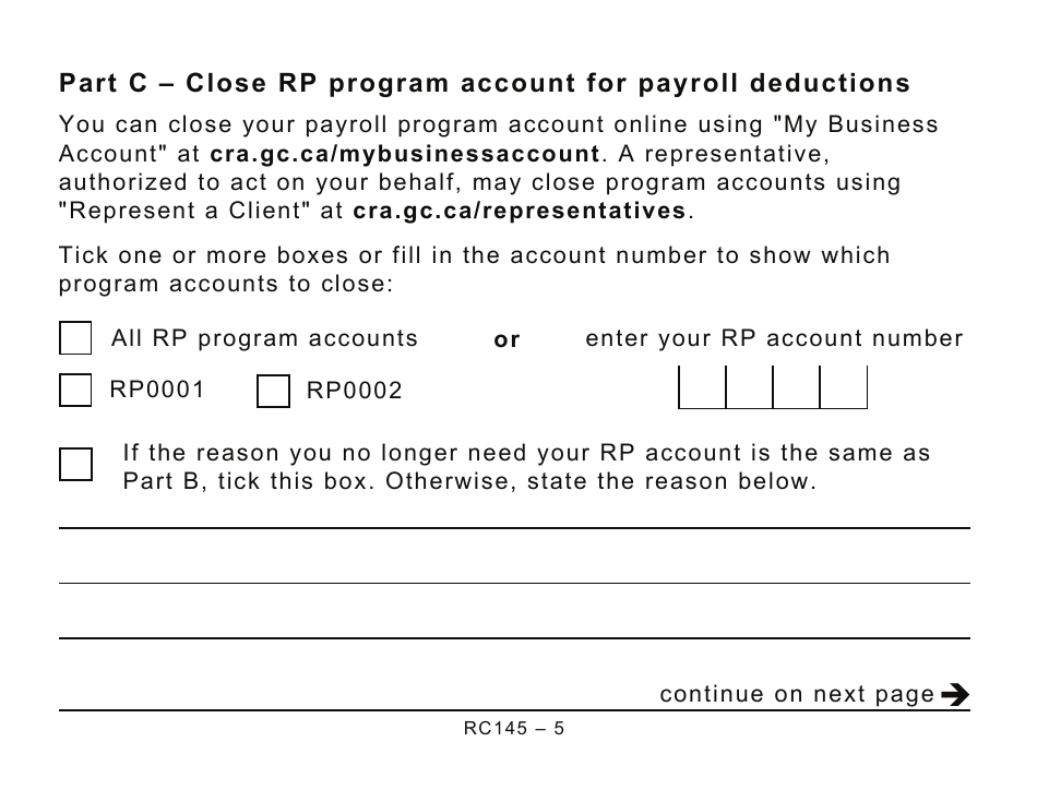 Form RC145 Request to Close Business Number Program Accounts (Large Print) - Canada, Page 5
