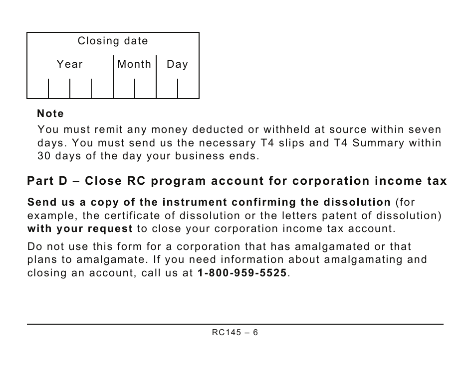Form RC145 Request to Close Business Number Program Accounts (Large Print) - Canada, Page 6