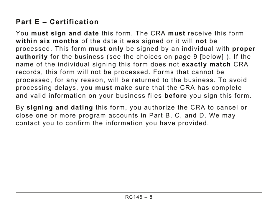 Form RC145 Request to Close Business Number Program Accounts (Large Print) - Canada, Page 8