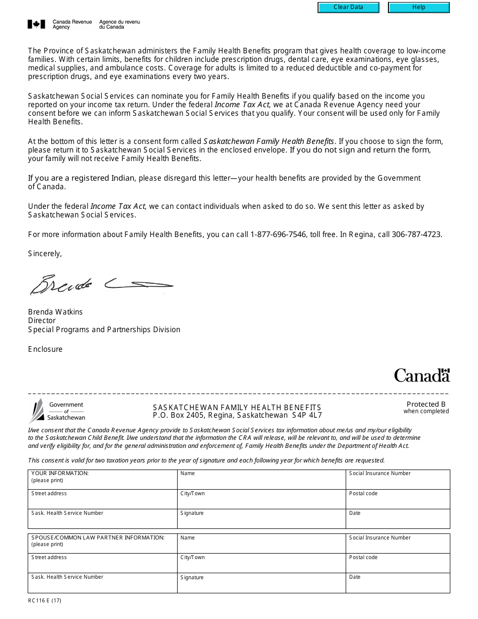 Form RC116 Saskatchewan Family Health Benefits - Canada, Page 1