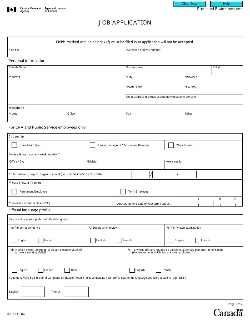 Form RC126 Job Application - Canada, Page 1