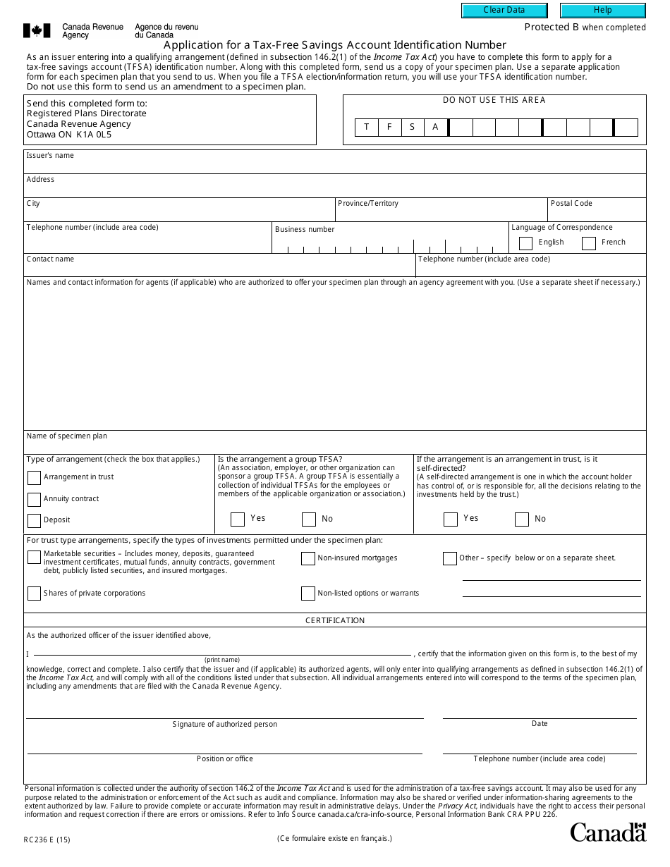 Form RC236 Application for a Tax-Free Savings Account Identification Number - Canada, Page 1