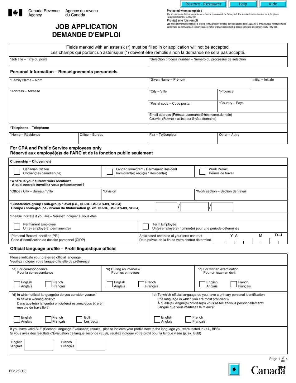 Form RC126 Job Application - Canada (English / French), Page 1