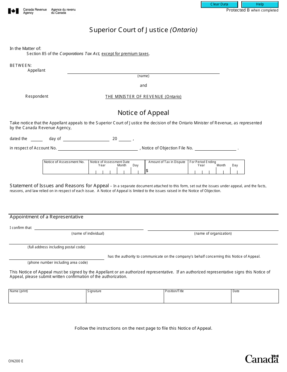 Form ON200 Notice of Appeal - Ontario Corporations Tax Act - Canada, Page 1