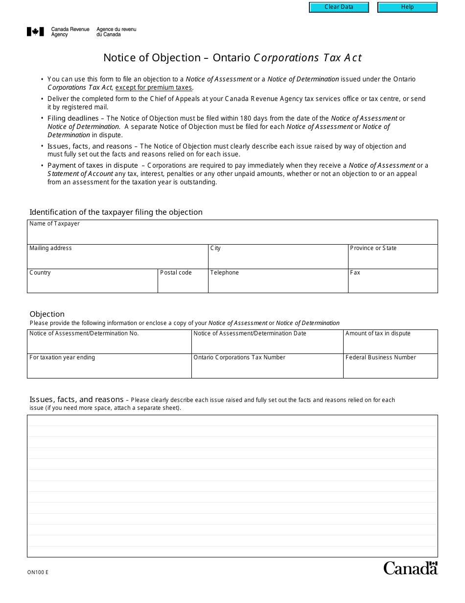 Form ON100 Notice of Objection - Ontario Corporations Tax Act - Canada, Page 1