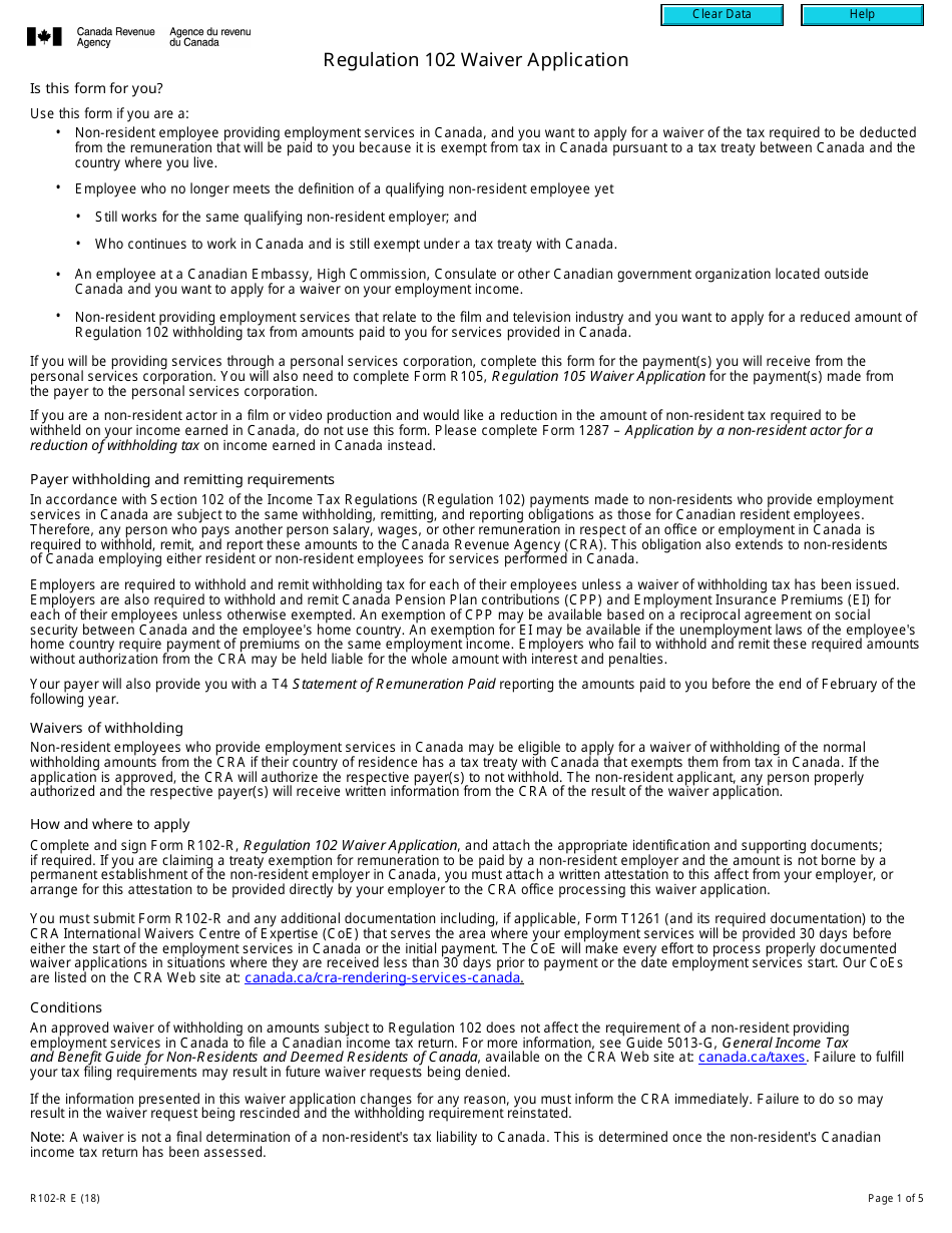 Form R102-R Regulation 102 Waiver Application - Canada, Page 1