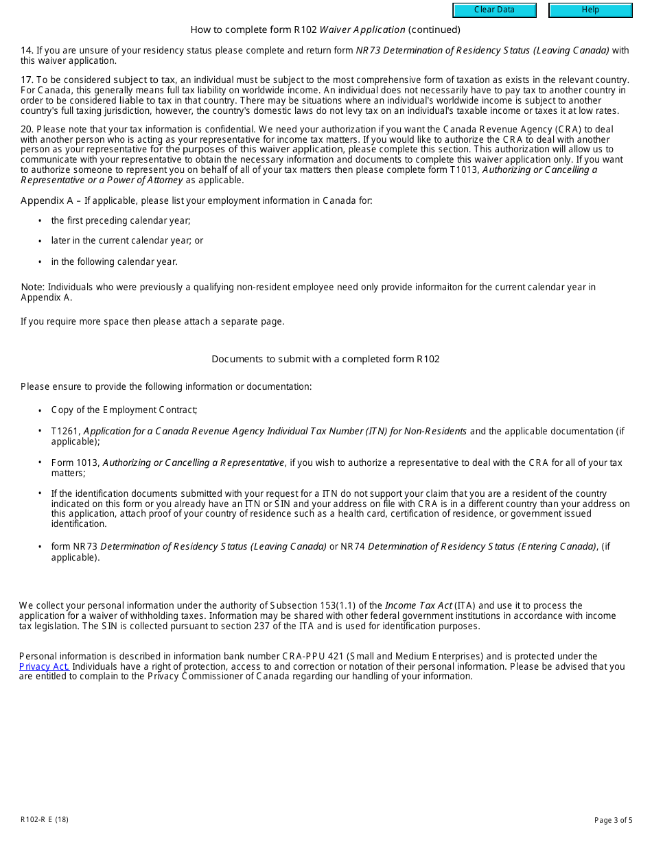 Form R102-R Regulation 102 Waiver Application - Canada, Page 3