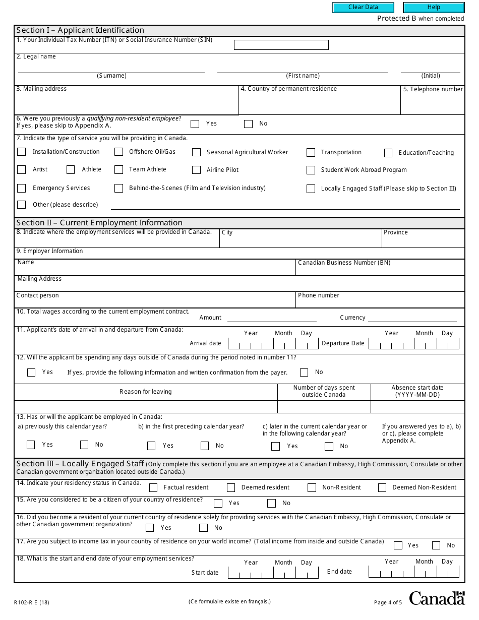 Form R102-R Regulation 102 Waiver Application - Canada, Page 4