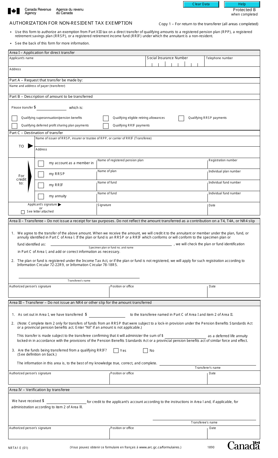 Form NRTA1 Authorization for Non-resident Tax Exemption - Canada, Page 1