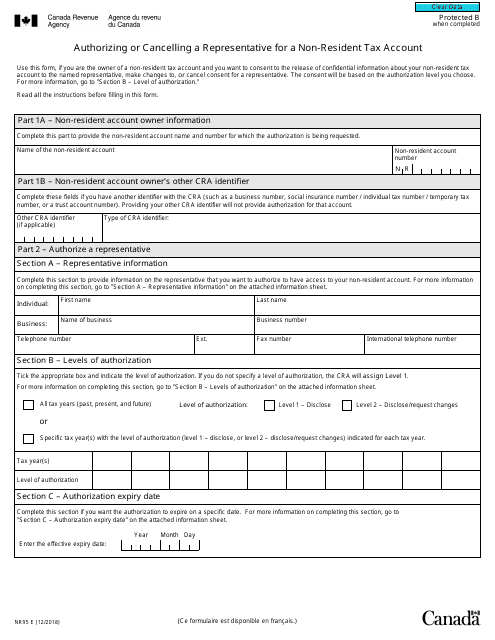 Form NR95 Authorizing or Cancelling a Representative for a Non-resident Tax Account - Canada
