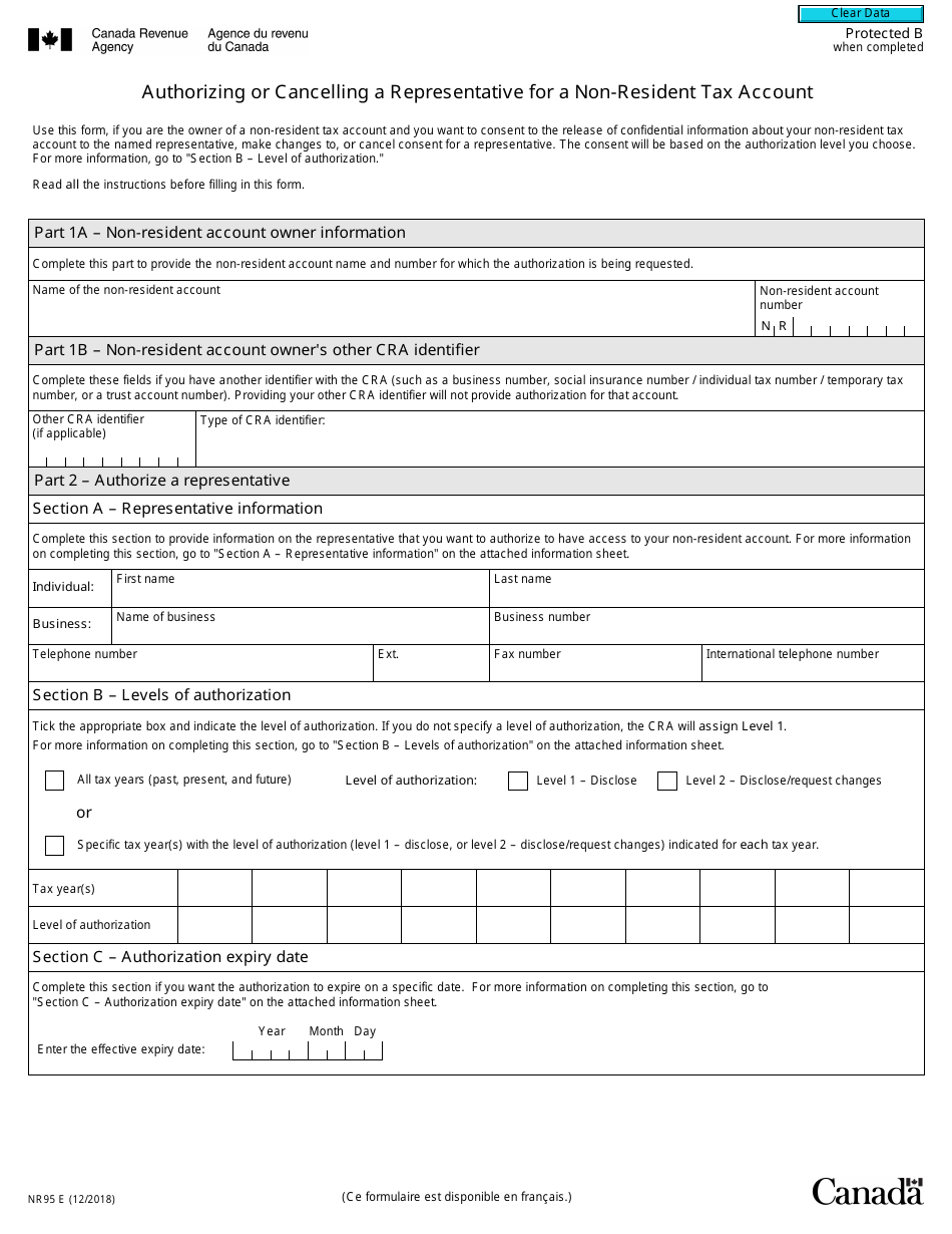 Form NR95 Authorizing or Cancelling a Representative for a Non-resident Tax Account - Canada, Page 1