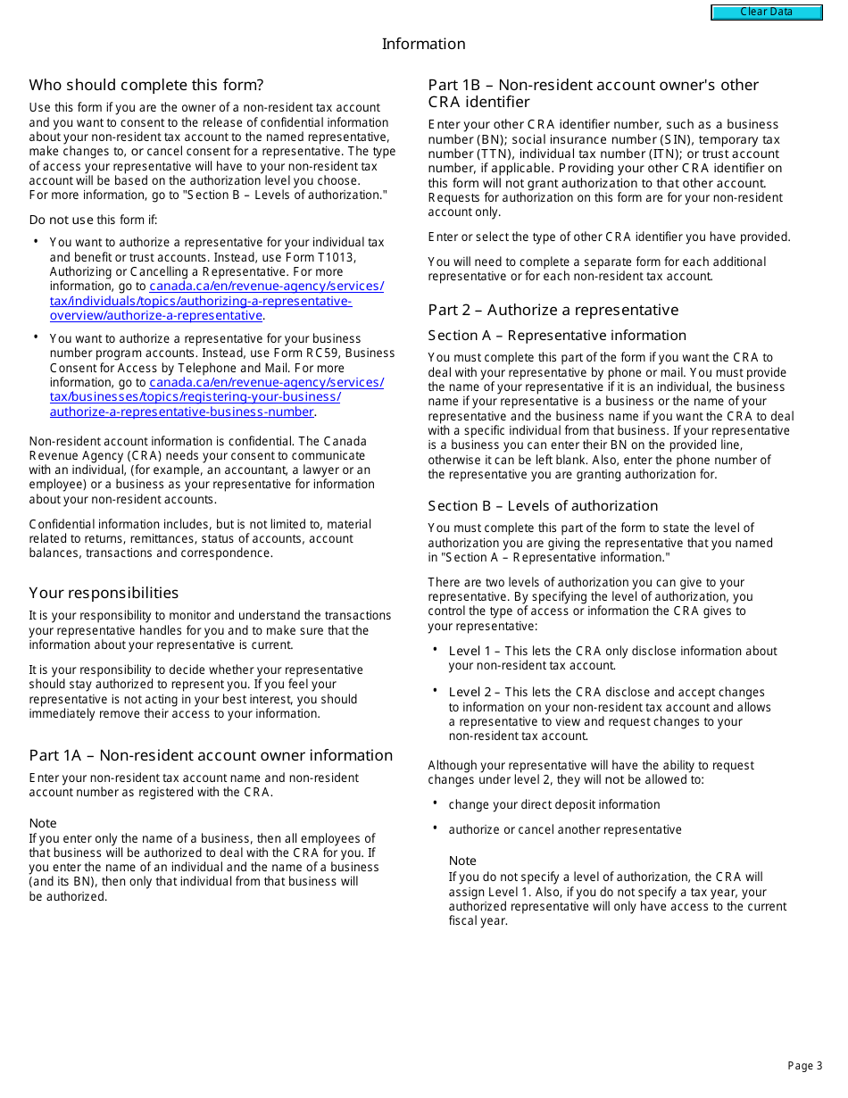 Form NR95 Authorizing or Cancelling a Representative for a Non-resident Tax Account - Canada, Page 3