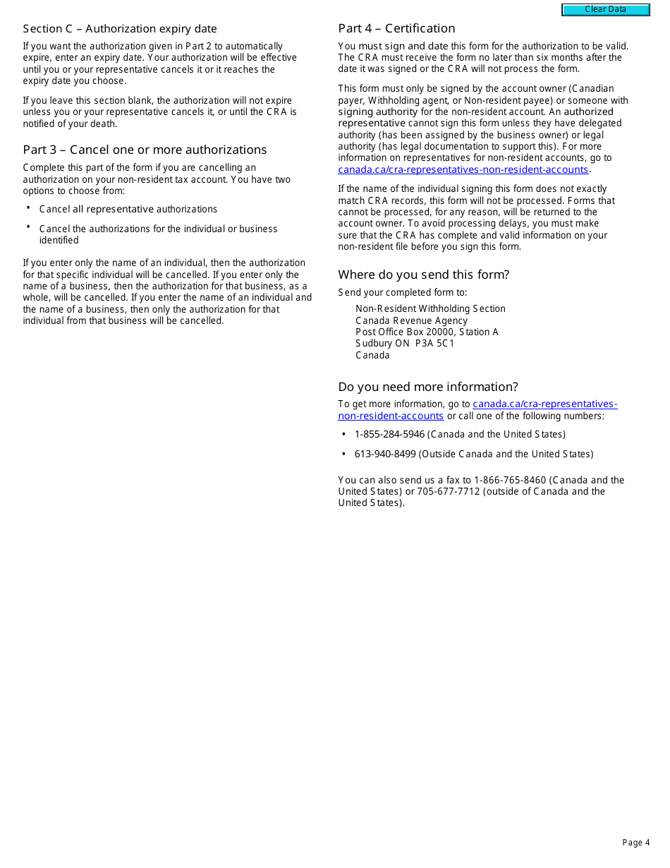 Form NR95 Authorizing or Cancelling a Representative for a Non-resident Tax Account - Canada, Page 4