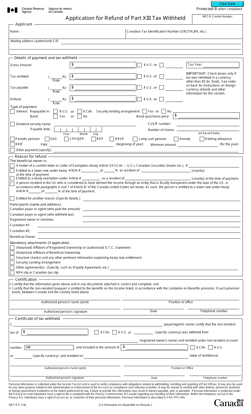 Form NR7-R Application for Refund Part Xiii Tax Withheld - Canada, Page 1