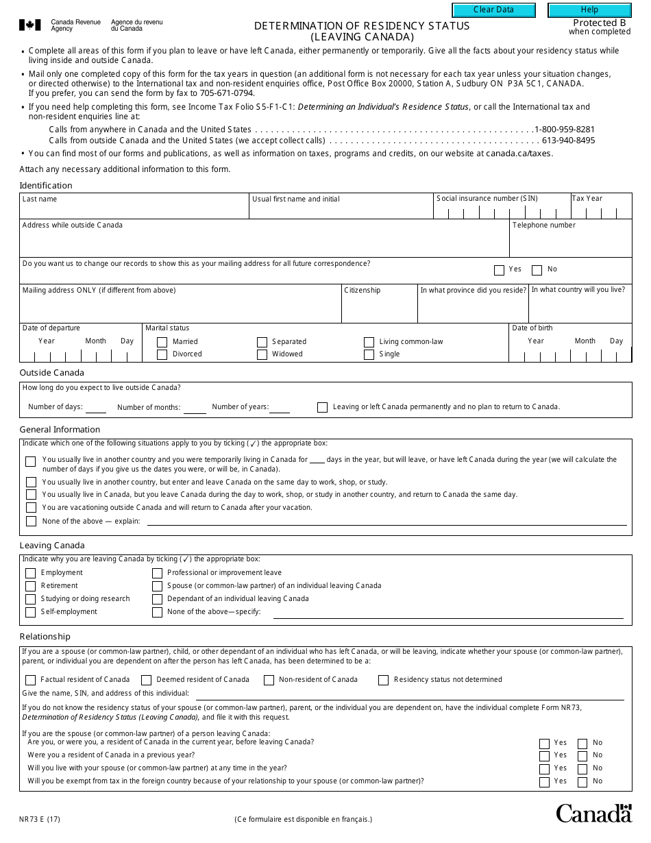 Form NR73 Determination of Residency Status (Leaving Canada) - Canada, Page 1