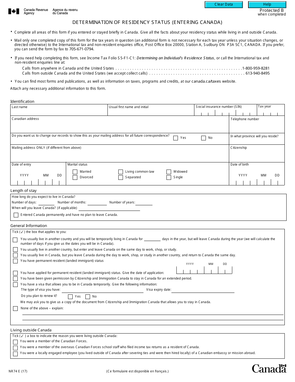 Form NR74 Determination of Residency Status (Entering Canada) - Canada, Page 1