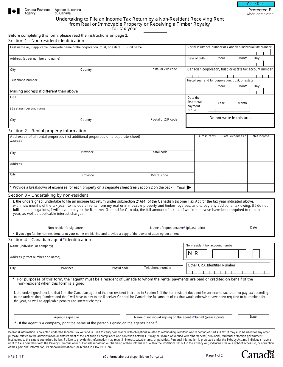 Form NR6 Undertaking to File an Income Tax Return by a Non-resident Receiving Rent From Real or Immovable Property or Receiving a Timber Royalty - Canada, Page 1
