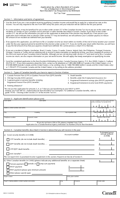 Form NR5 Application by a Non-resident of Canada for a Reduction in the Amount of Non-resident Tax Required to Be Withheld for Tax Year - Canada